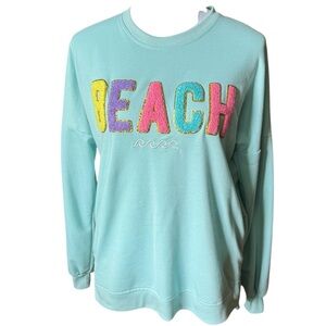 SIMPLY SOUTHERN Aqua Teal Beach Crew Neck Sweatshirt Sparkly Letters Small